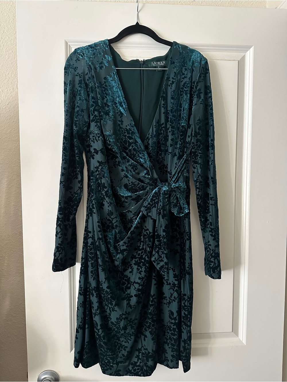 Ralph Lauren Green Floral Burnout Velvet Wrap Dress